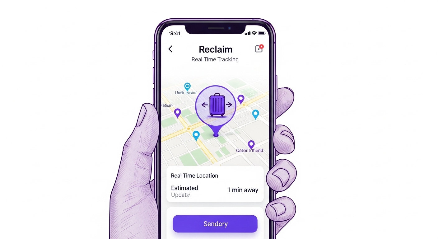 Hand holding phone with tracking app